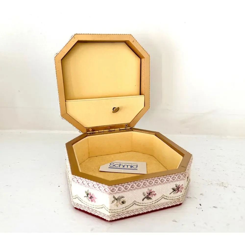 Vintage Schmid Tapestry Rose Jewelry Music Box Padded Floral Cottagecore Trinket